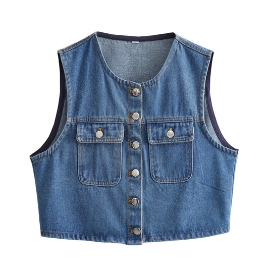 Women's 2025 fashion denim vest vintage blouse