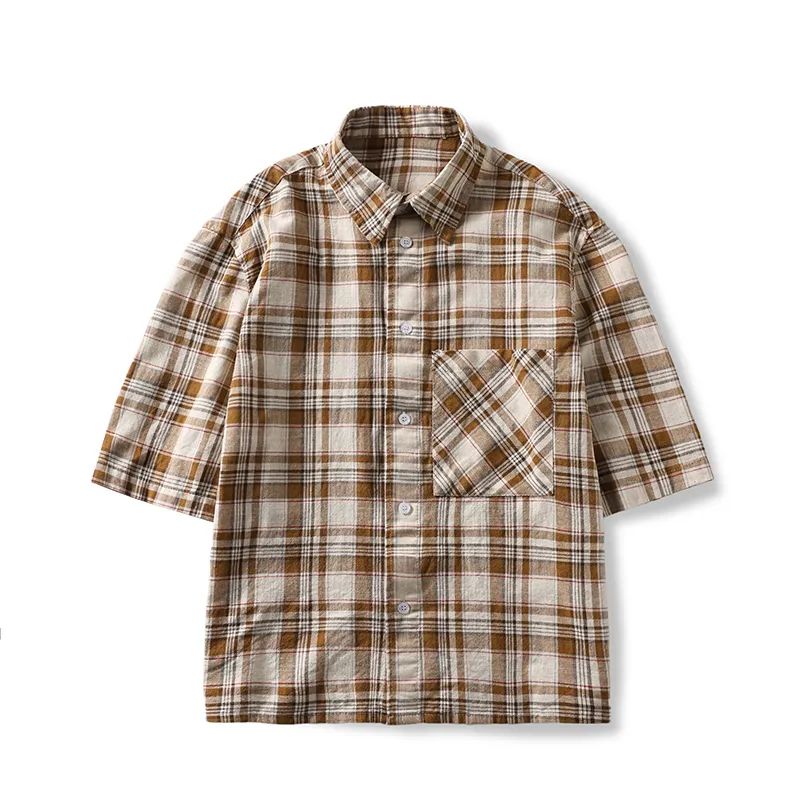 Men's New Fashion Joker Casual Loose Version Patch Pocket Decorative Plaid Short Short Sleeve Shirt