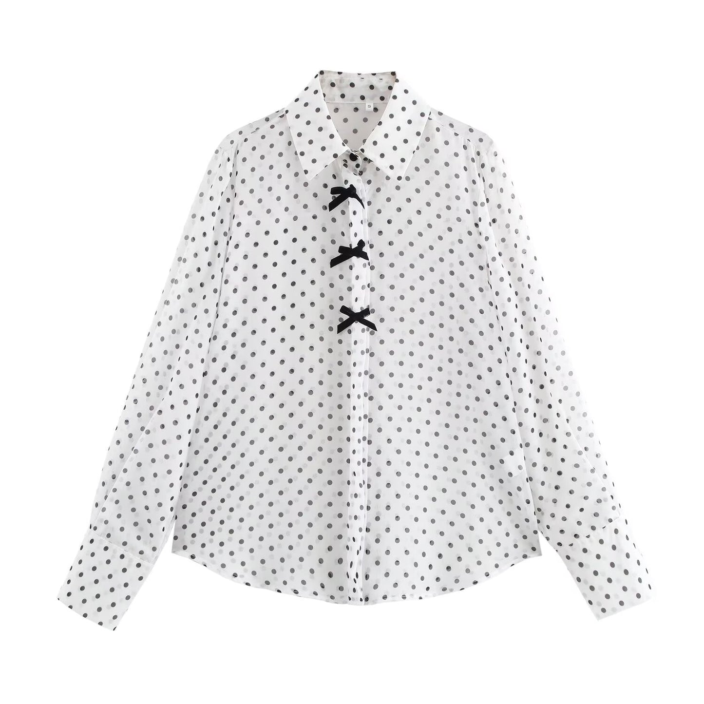 Women's 2025 new fashion bow decoration casual versatile polka dot printed shirt retro long sleeved button up women's shirt chic top