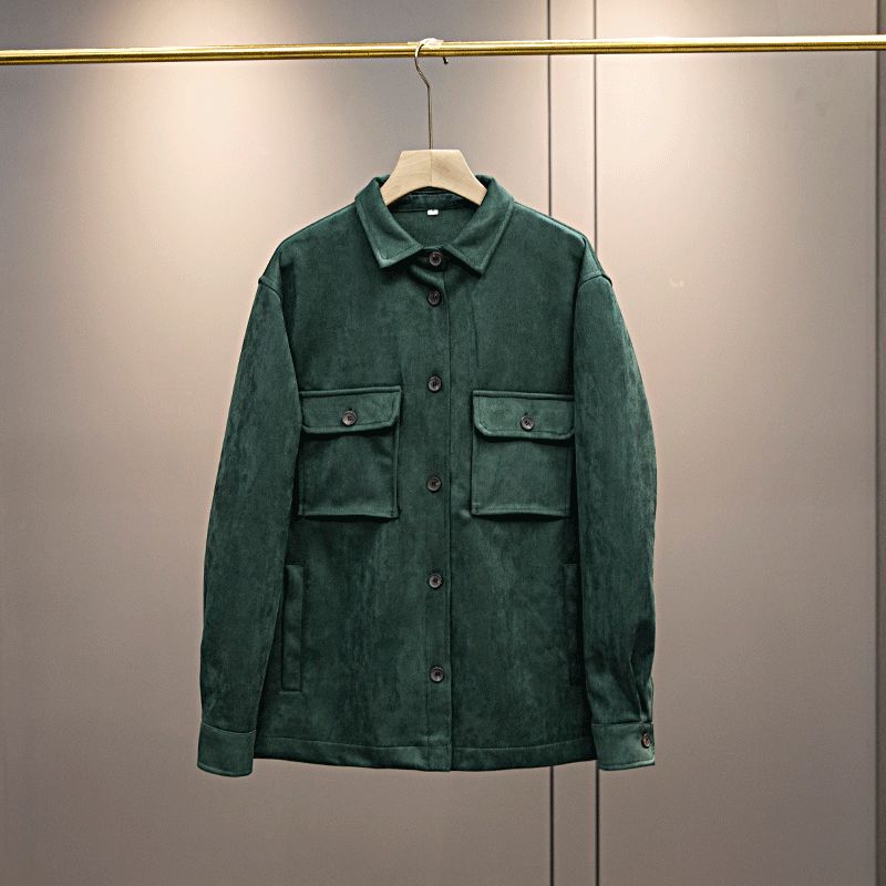 Men's New Fashion Joker Pocket Decorative Suede Texture Effect Shirt Coat Retro Lapel Chic Men's Coat