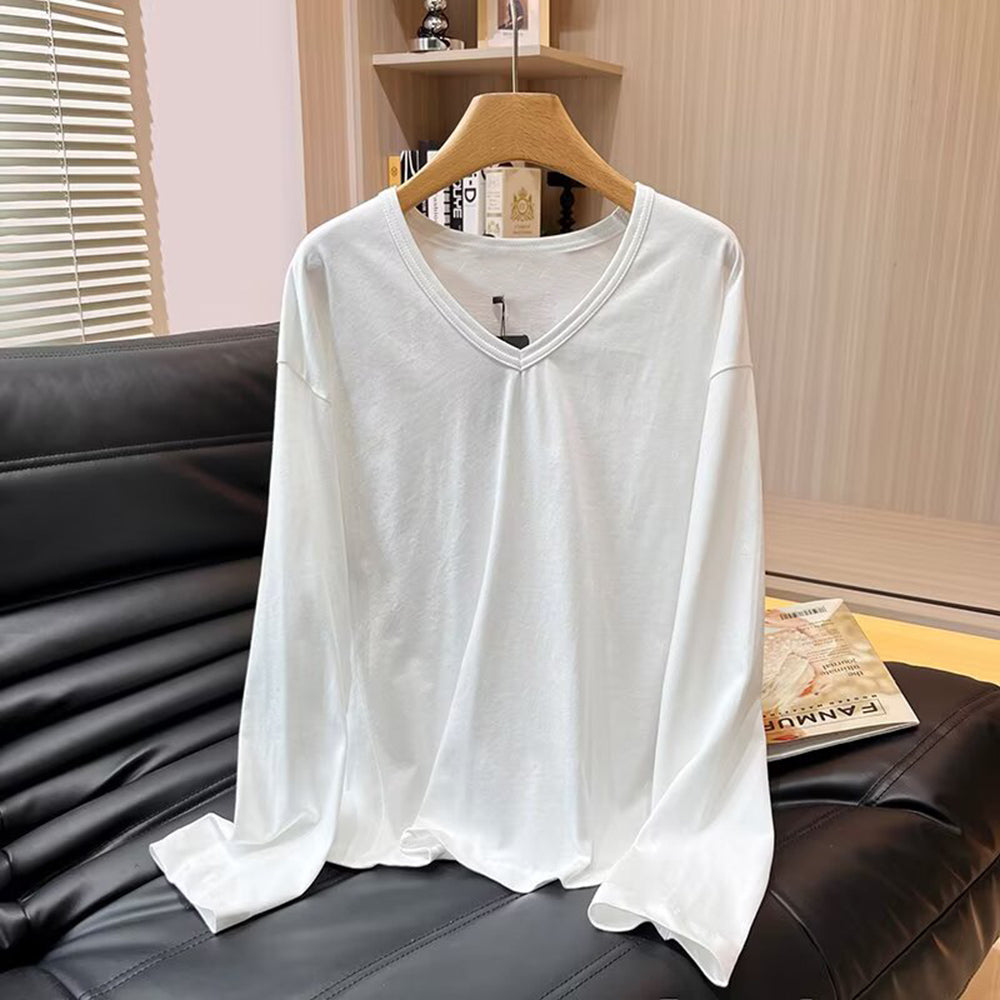 Women's new fashion cotton V-neck knitted long sleeved T-shirt