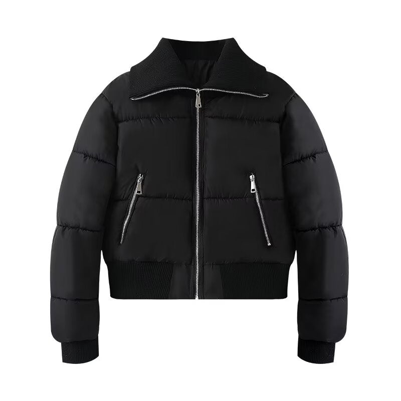 Women's black ribbed lapel down cotton Coat