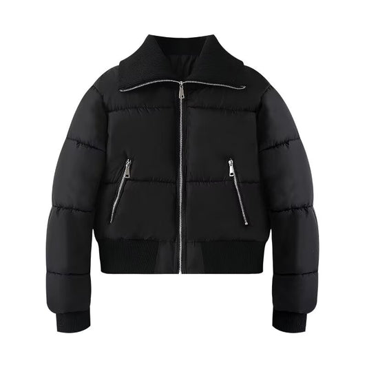 Women's black ribbed lapel down cotton Coat