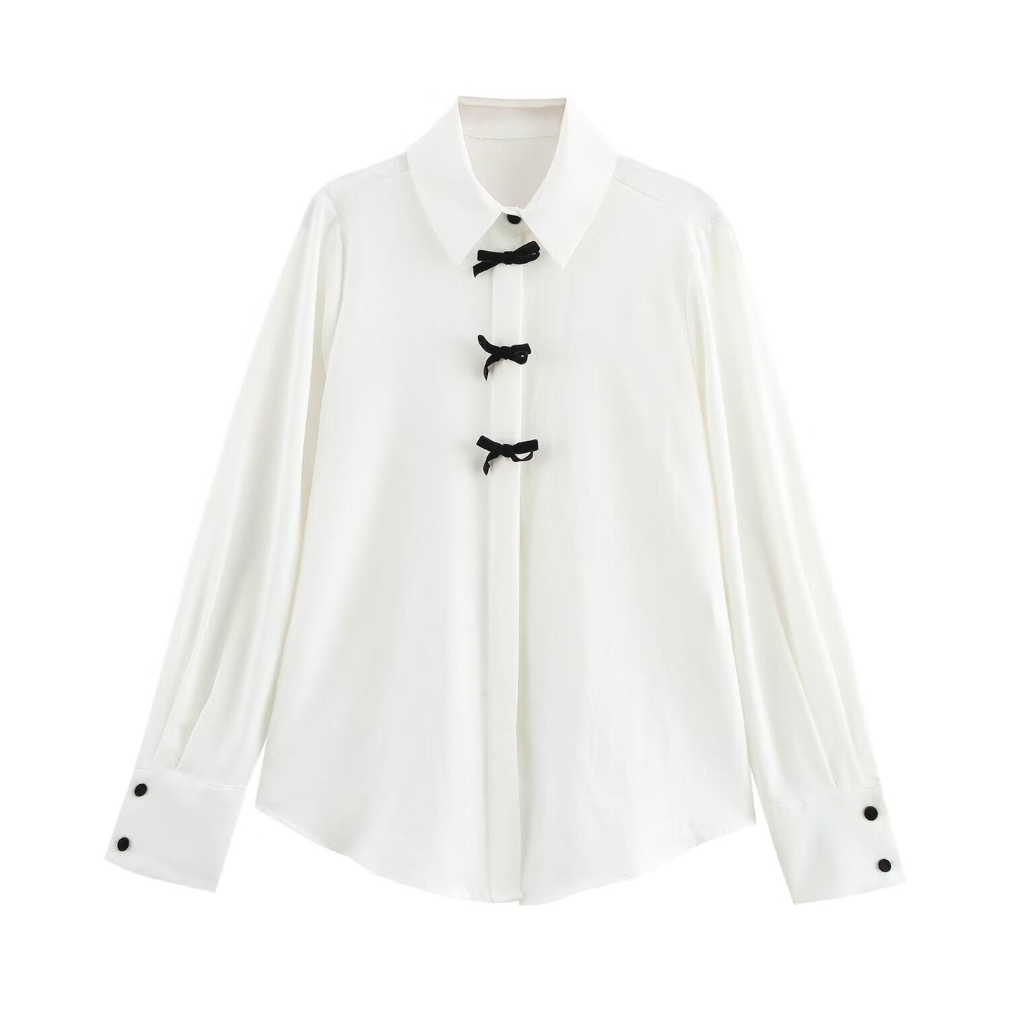 Women's 2025 new fashion bow decoration casual versatile polka dot printed shirt retro long sleeved button up women's shirt chic top