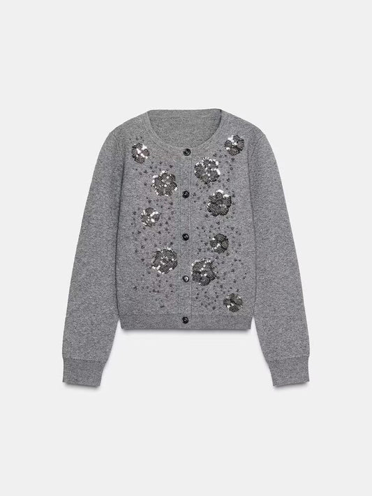 Women's new fashion bead decoration O Neck knitted Coat