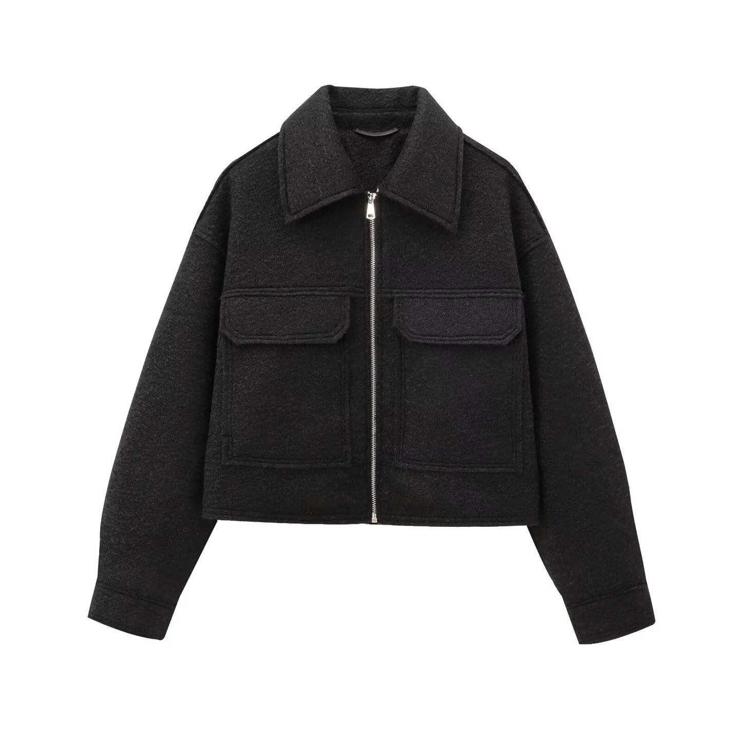 Women's short lapel zipper woolen jacket Coat