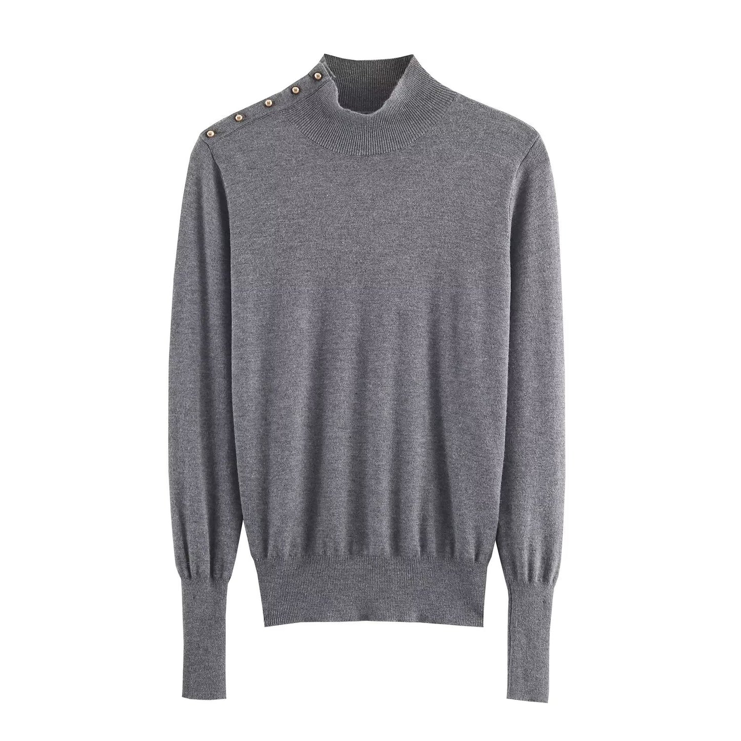 Women's buckle decoration slim stand collar knitted sweater