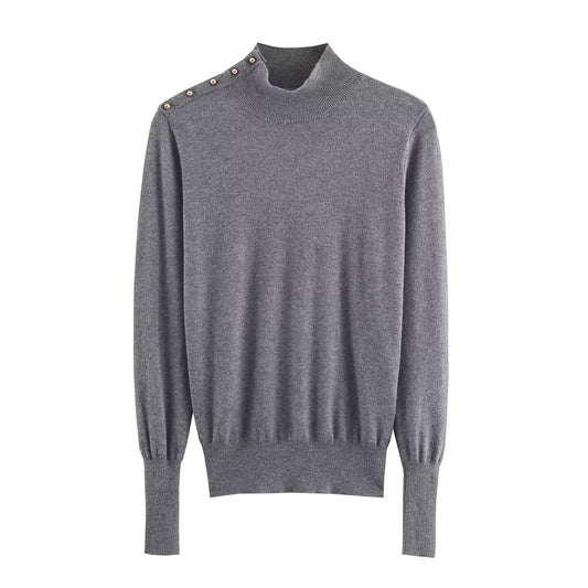 Women's buckle decoration slim stand collar knitted sweater