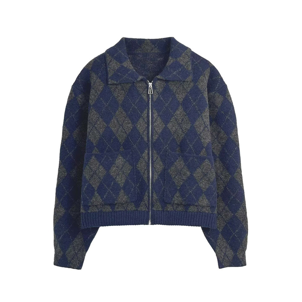 Women's new fashion diamond checkered knitted pilot jacket Coat
