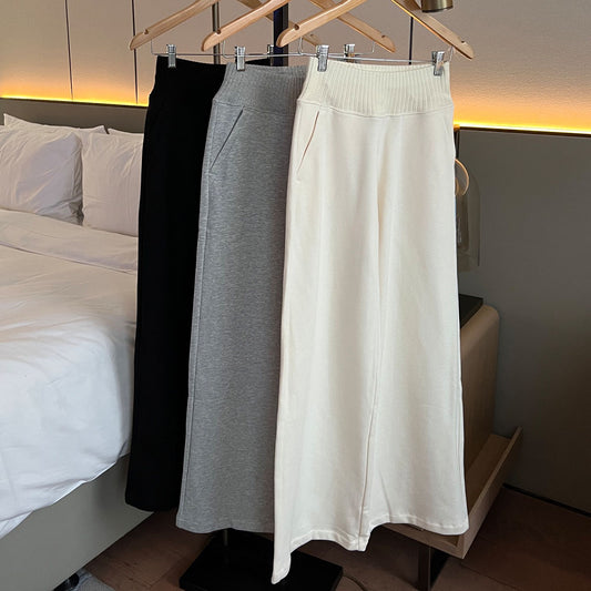 New women's versatile patchwork fleece-lined wide-leg pants