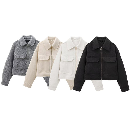 Women's short lapel zipper woolen jacket Coat