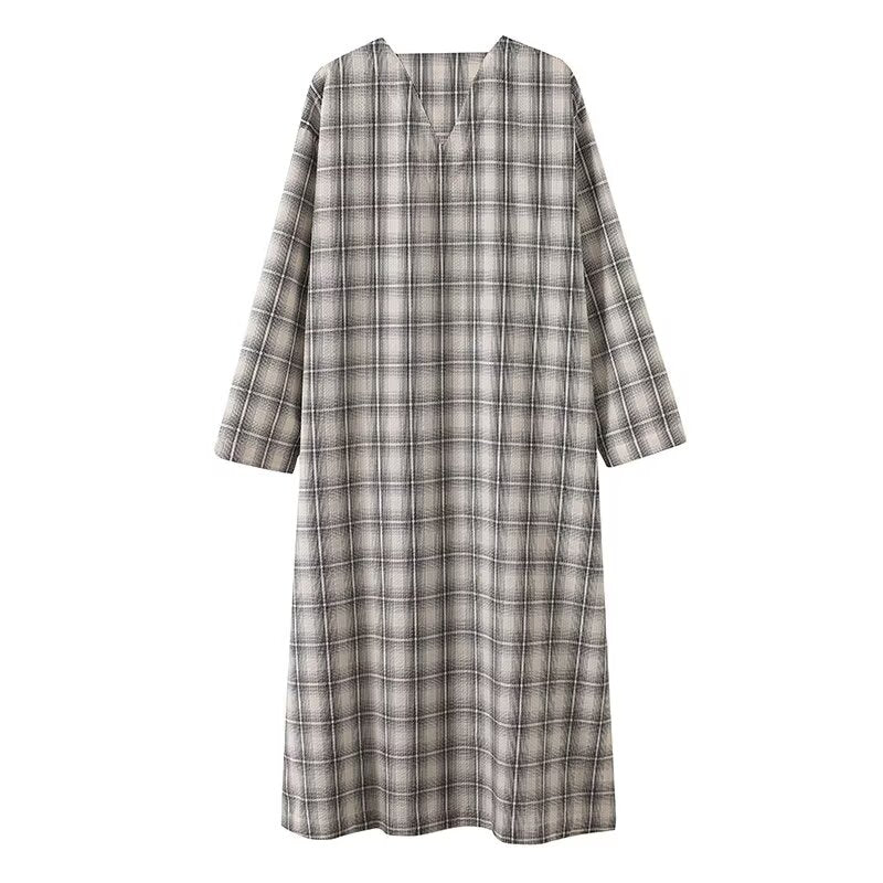 Women's new fashion casual long style V-neck plaid shirt