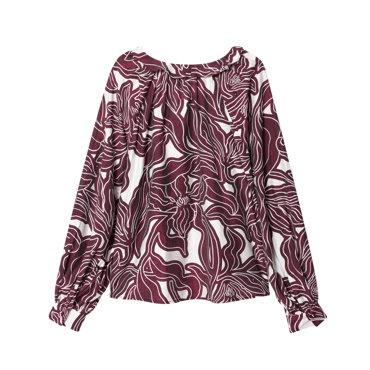 Women's new fashion lace up collar long sleeved printed shirts