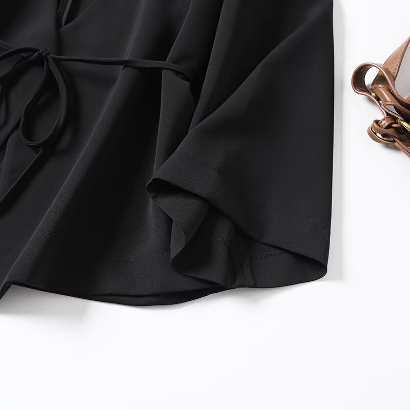Women's new fashion black draped V-neck lace up shirt