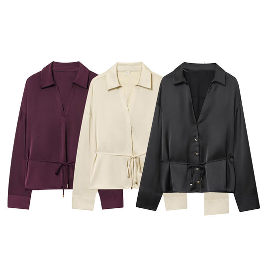 Women's New Fashion With Belt Satin Texture Lapel Shirt