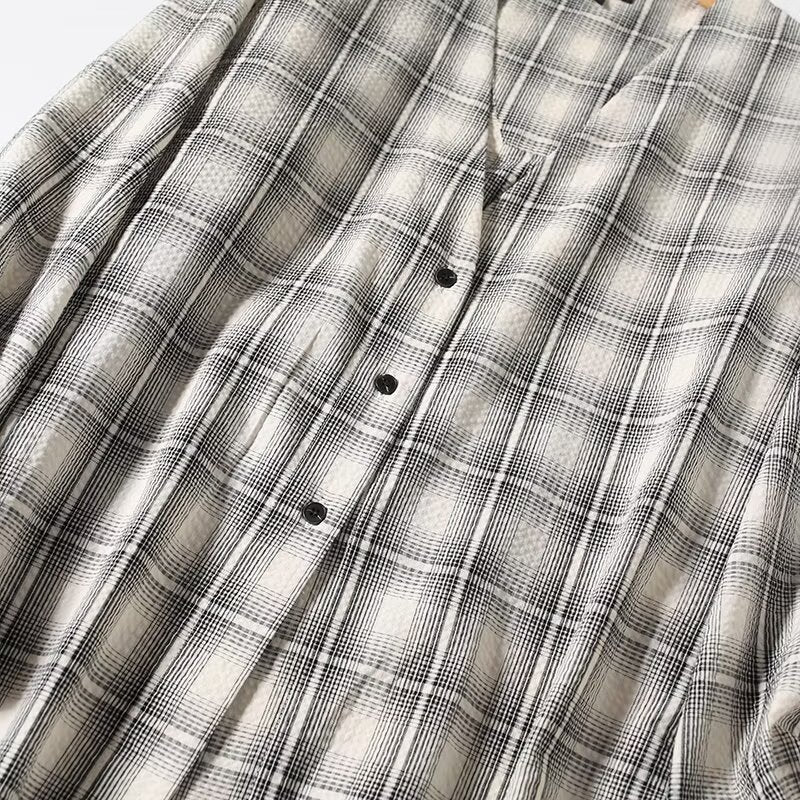 Women's new fashion casual long style V-neck plaid shirt