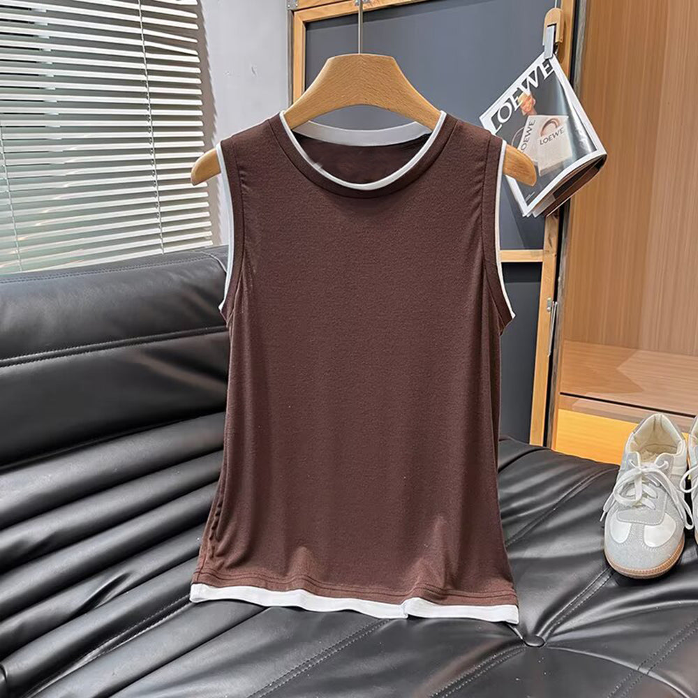 Women's New Fashion Two tone Edge O Neck Sleeveless vest T-shirt