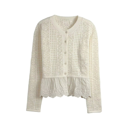 Women's New Fashion embroidered hem Hollow Splicing Knitted Cardigan