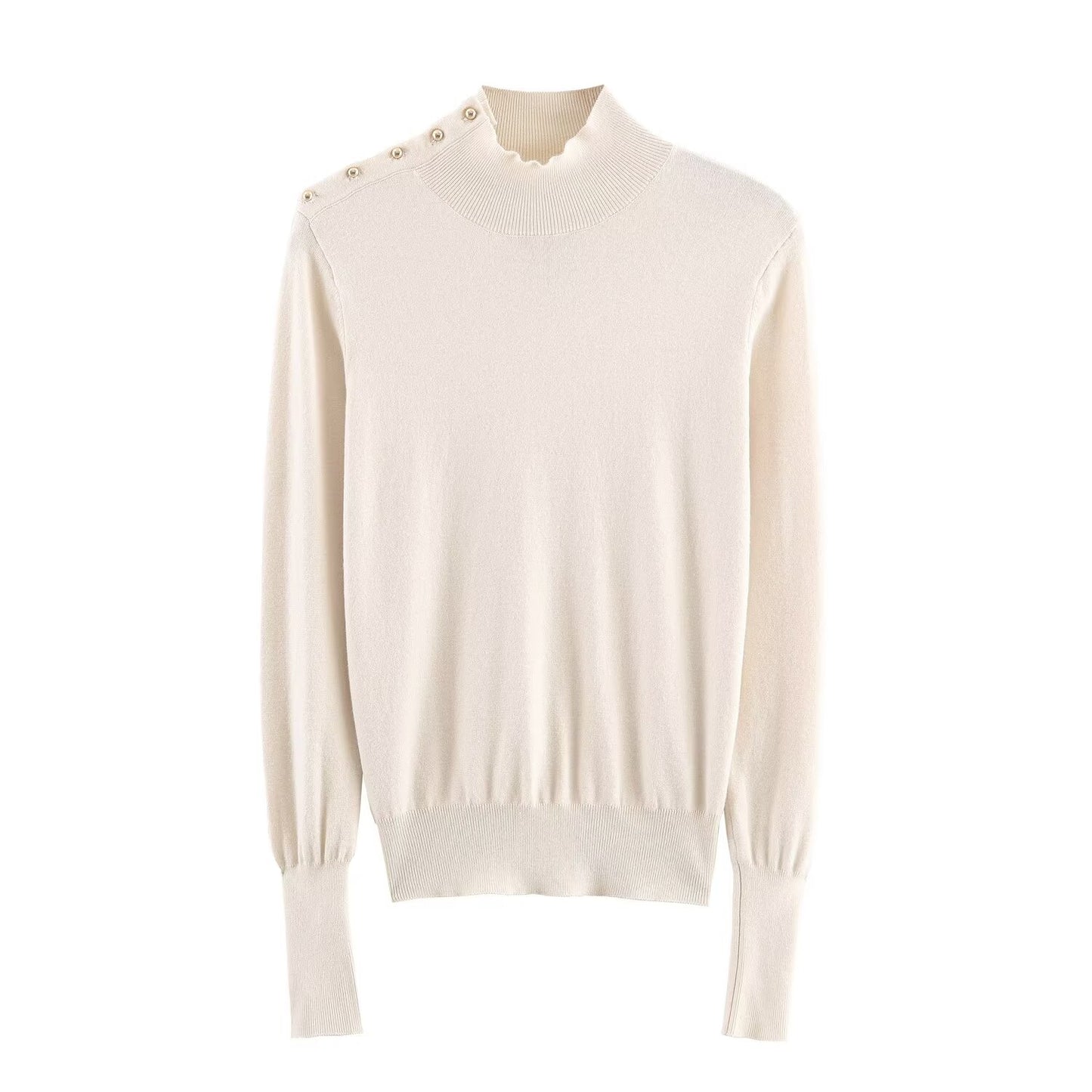 Women's buckle decoration slim stand collar knitted sweater