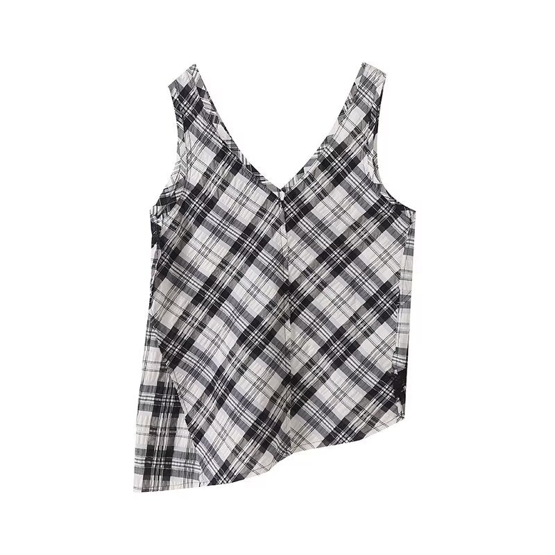 Women's 2025 new fashion sleeveless plaid V-neck top