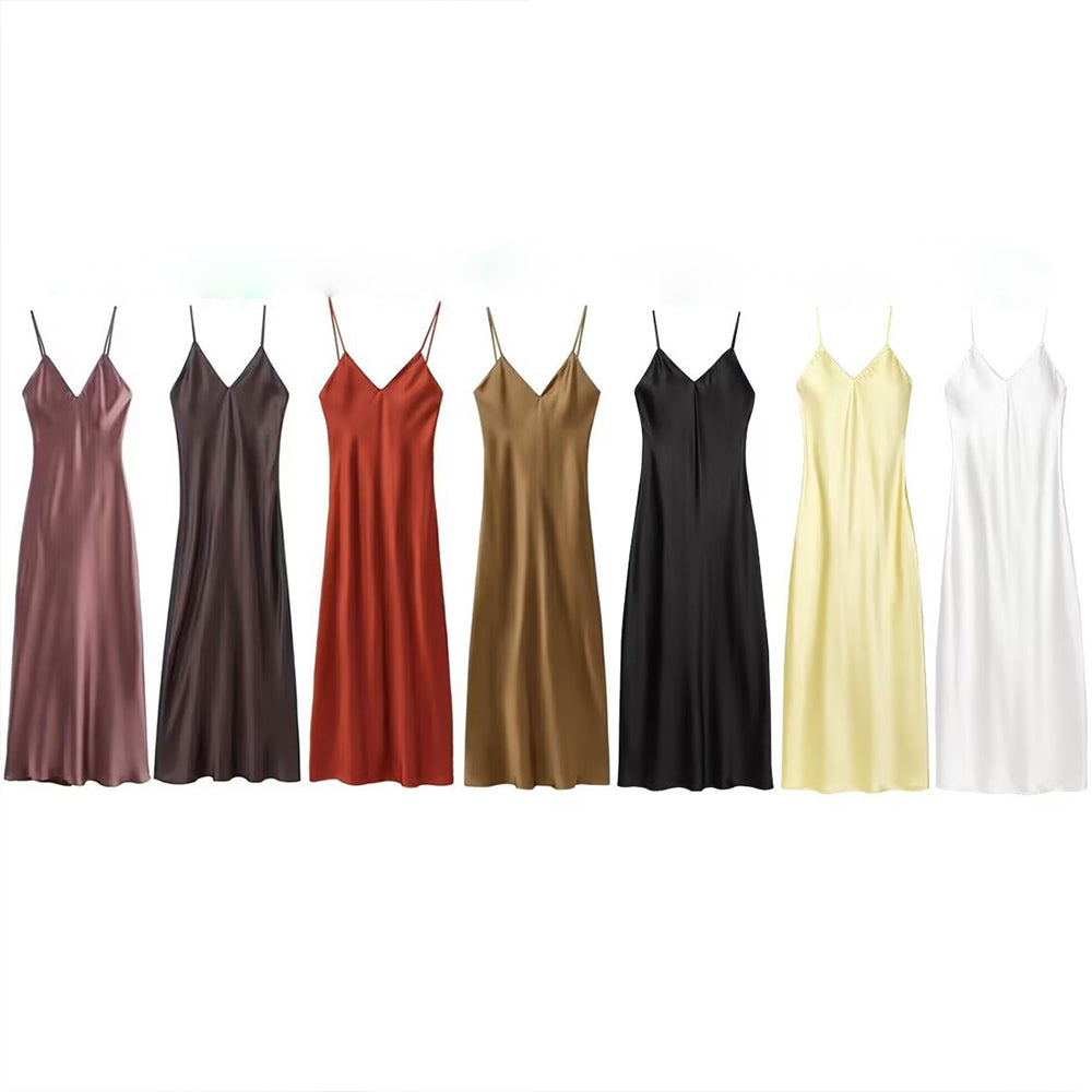 Women's Summer Fashion Underwear Style Satin Texture Midi Dress