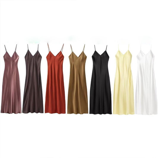 Women's Summer Fashion Underwear Style Satin Texture Midi Dress