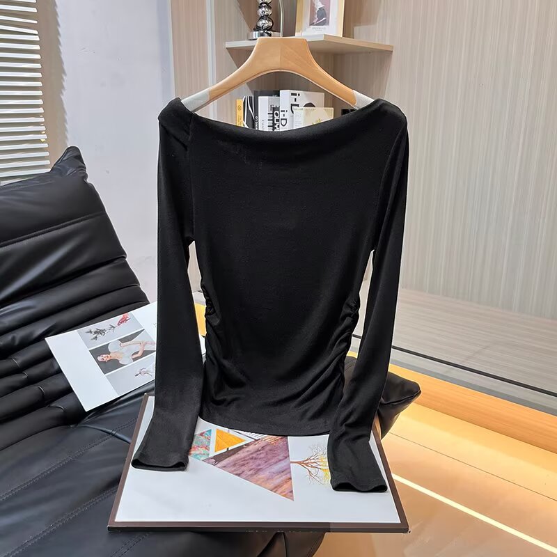 Women's new fashion slanted collar off shoulder knitted T-shirt