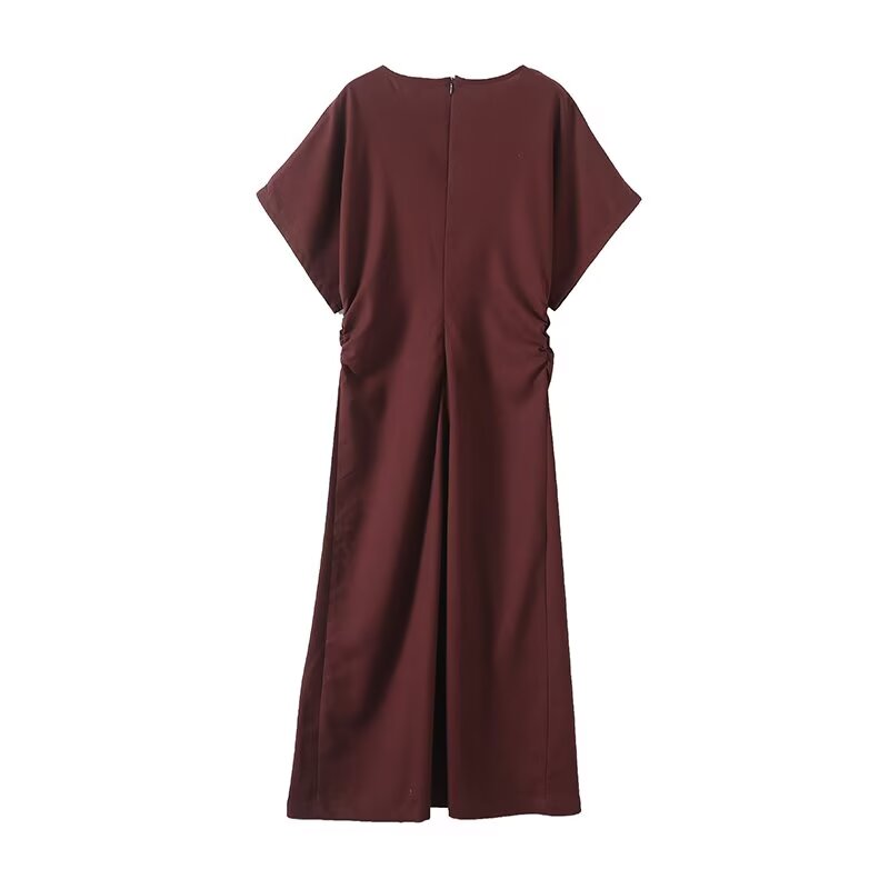 Women's new fashion pleated waist cinched O Neck short sleeved MIDI dress