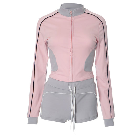 Women's New Stand-up Collar Slim Fitness Clothes Slim Top Sports Coat Shorts Suit