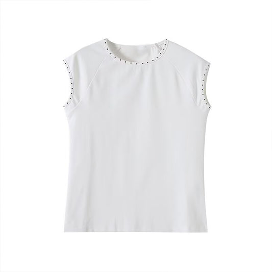 Women's new fashion rivet decoration slim O-Neck T-shirt top