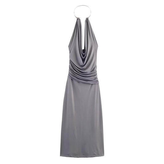 Women's new fashion sexy pleated hanging collar MIDI dress