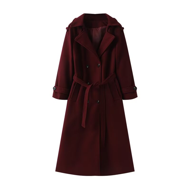 Women's with Belt long style double breasted woolen coat