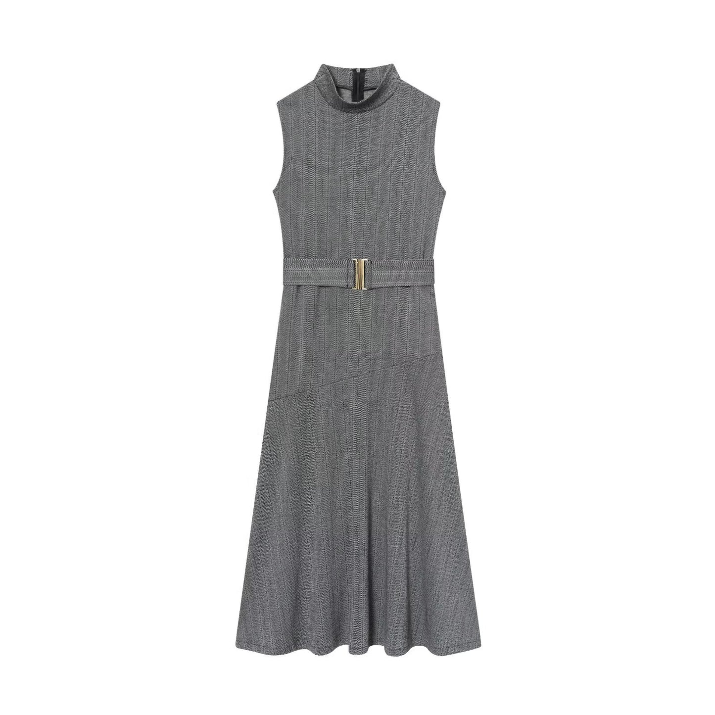 Women's New Fashion With Belt Sleeveless Twill Midi Dress