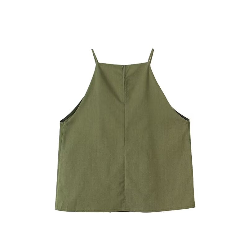 Women's new fashion sleeveless cotton linen blend hanging neck top+Pants suit
