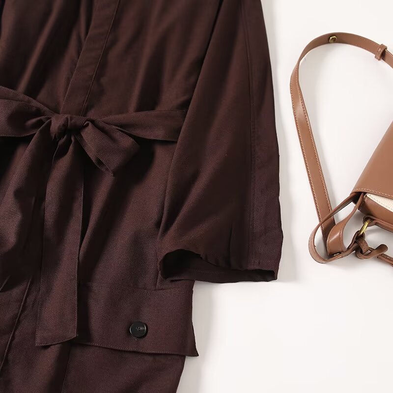 Women's New Fashion With Belt Linen Blended Shirt Style Midi Dress
