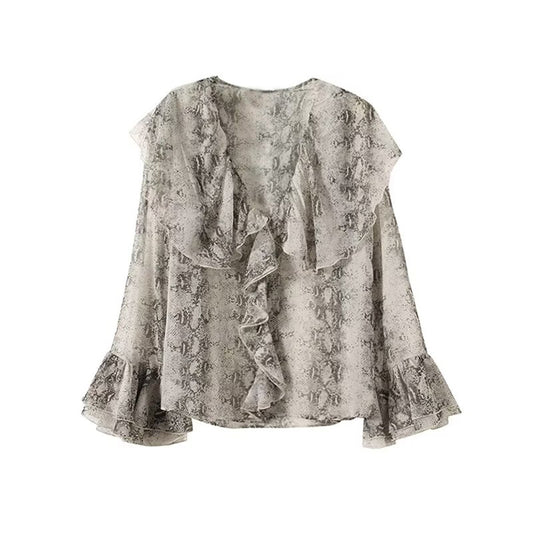 Women's 2025 new fashion printed striped Ruffled V-neck shirt