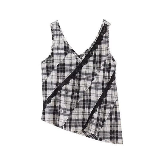 Women's 2025 new fashion sleeveless plaid V-neck top
