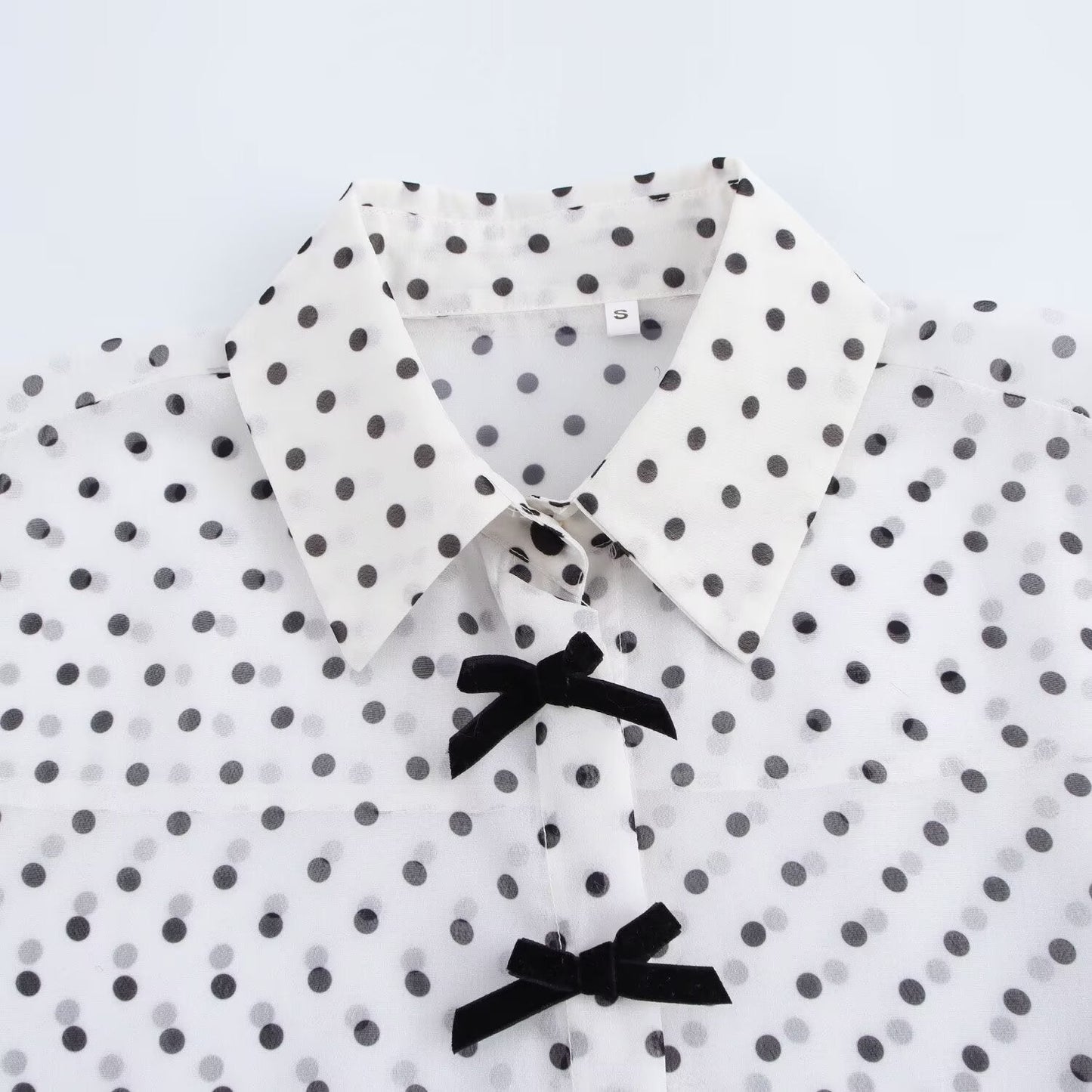 Women's 2025 new fashion bow decoration casual versatile polka dot printed shirt retro long sleeved button up women's shirt chic top