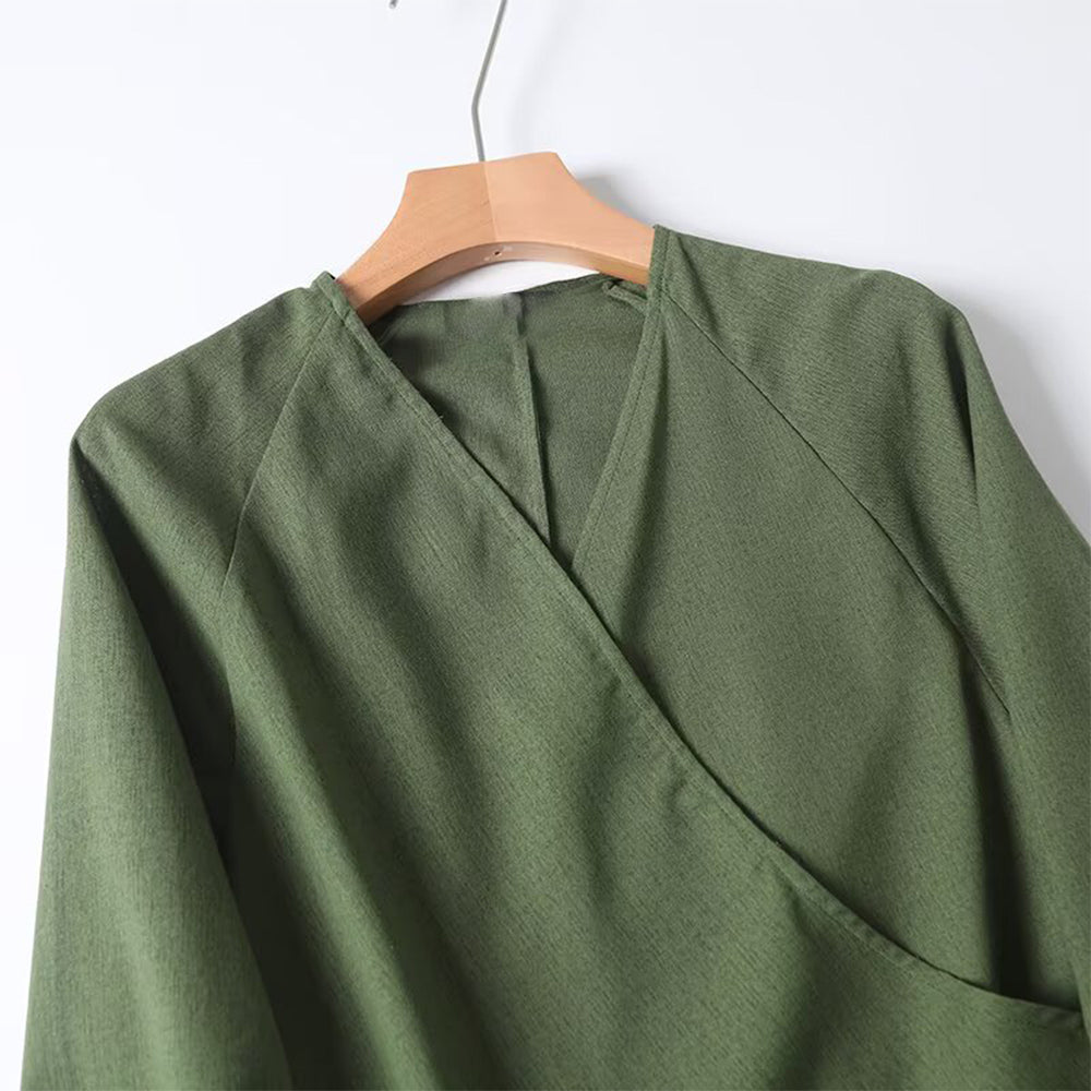 Women's new fashion knot decoration linen blended V-neck shirt