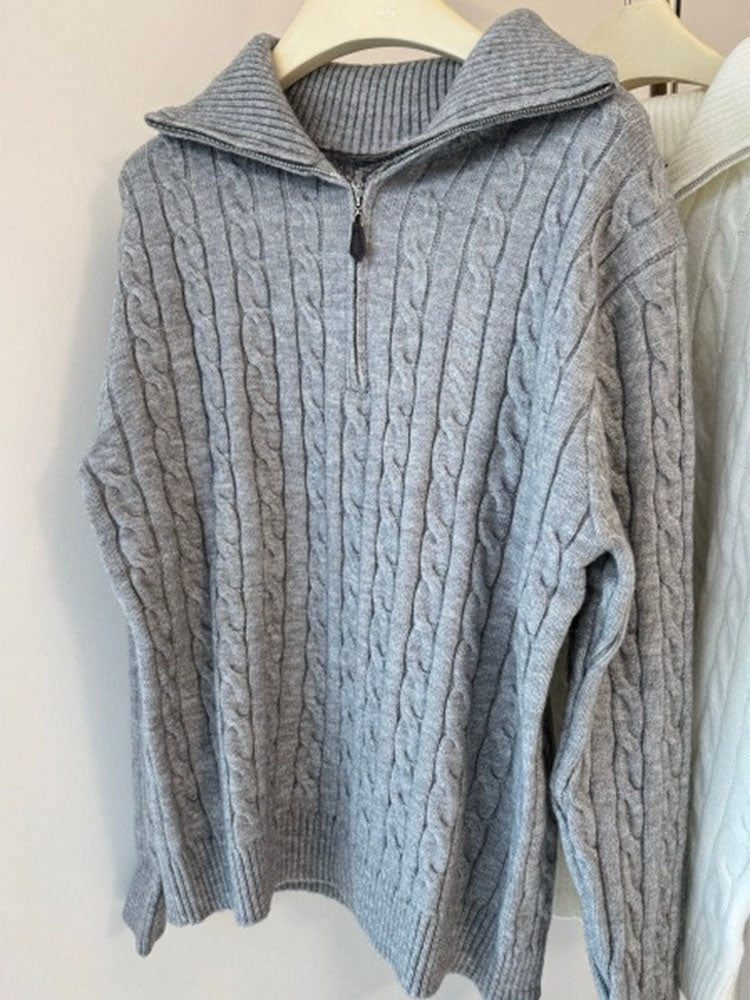 New loose-fitting cable knit cotton half-zip knit sweater