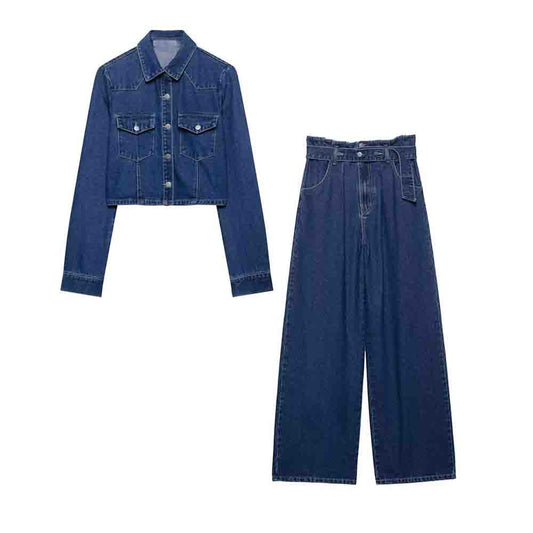Women's 2025 new fashion short single breasted denim shirt coat+Jeans Women's suit