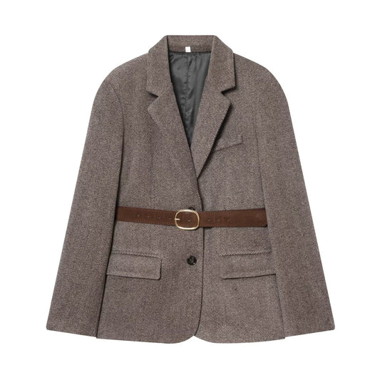 Women's with Belt herringbone diagonal Blazer Coat