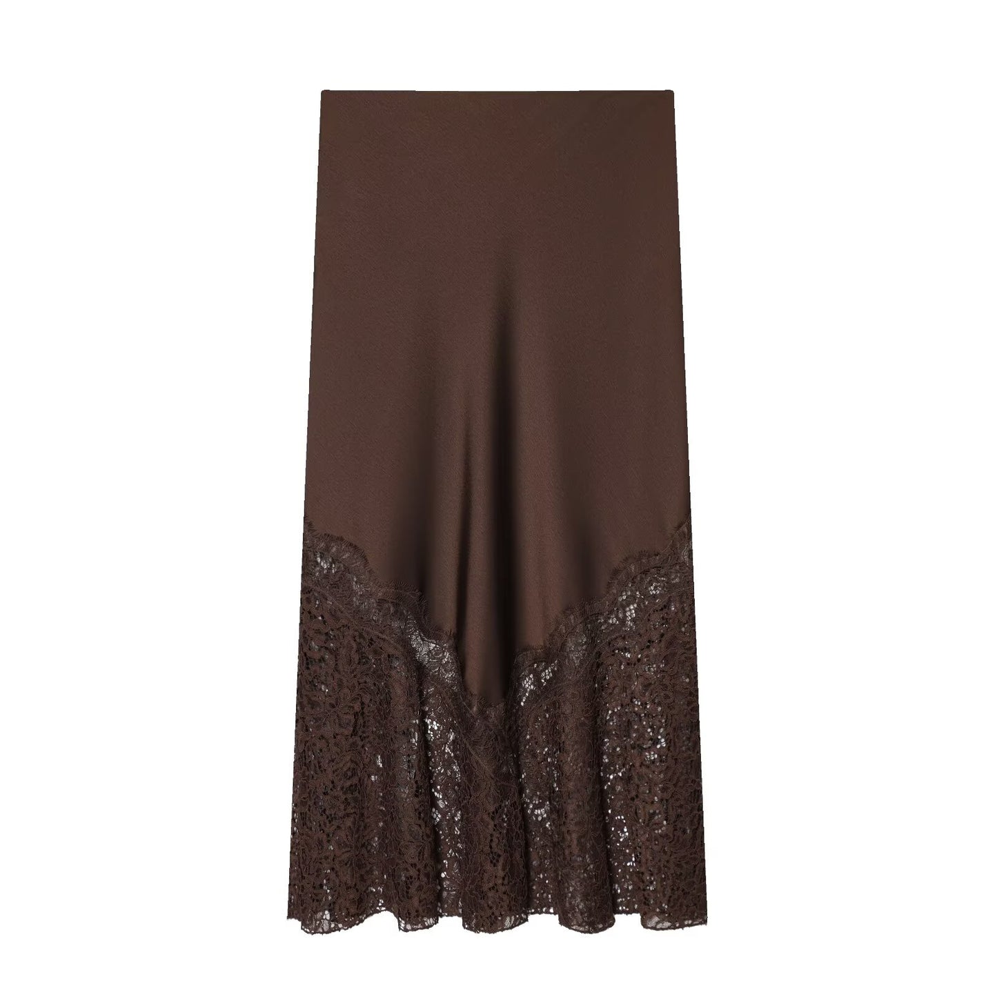 Women's lace hem satin texture MIDI skirt