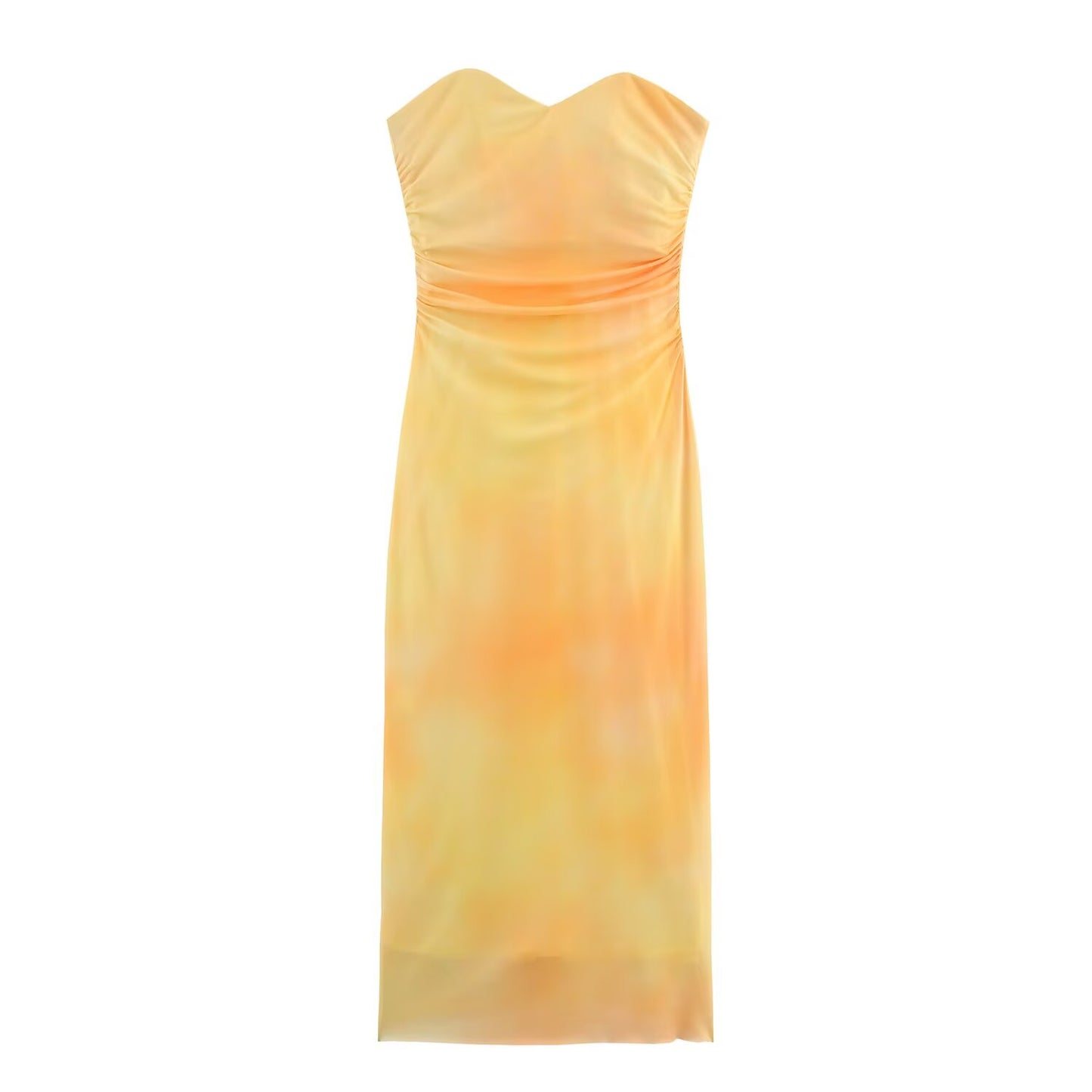 Women's summer new printed tulle strapless MIDI dress
