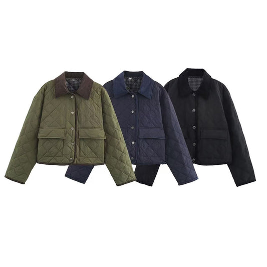 Women's New Fashion Corduroy Short Quilted Nylon Lapel Coat