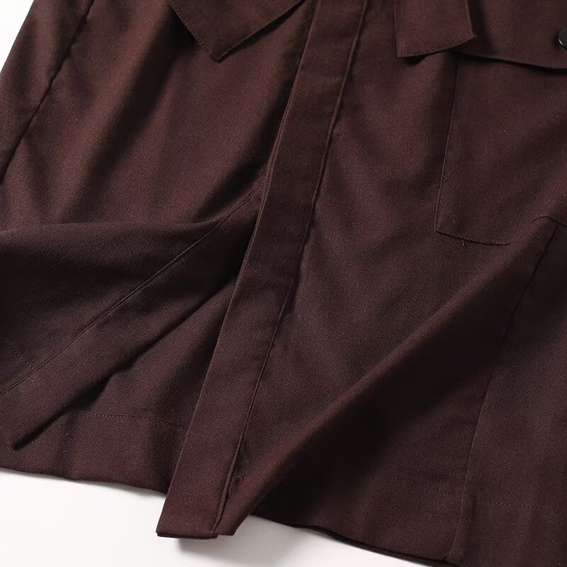 Women's New Fashion With Belt Linen Blended Shirt Style Midi Dress