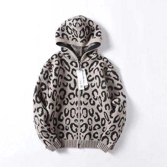 Men's New Fashion Casual Leopard Jacquard Knitted Zipper Hooded Long Sleeve Knitted Coat