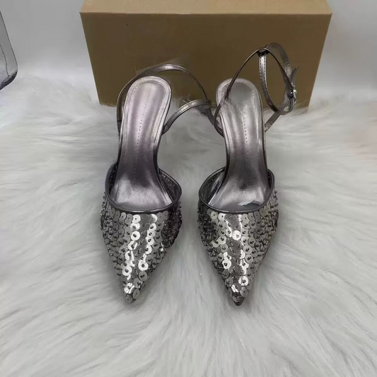 2026 New Style Elegant Sequined Pointed Toe Sandals for Women - High Heels