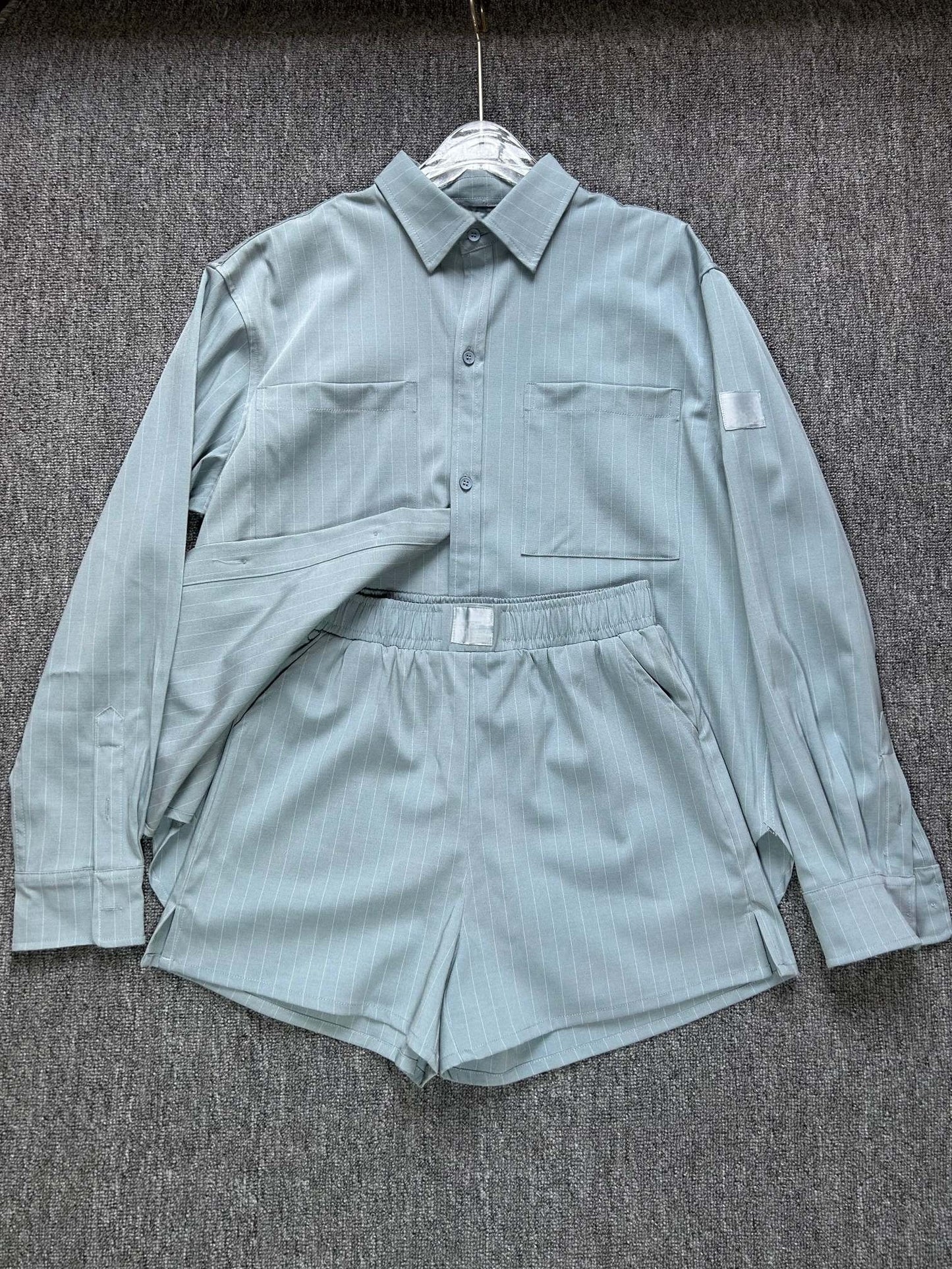 Women's new versatile striped long-sleeved shirt + shorts set