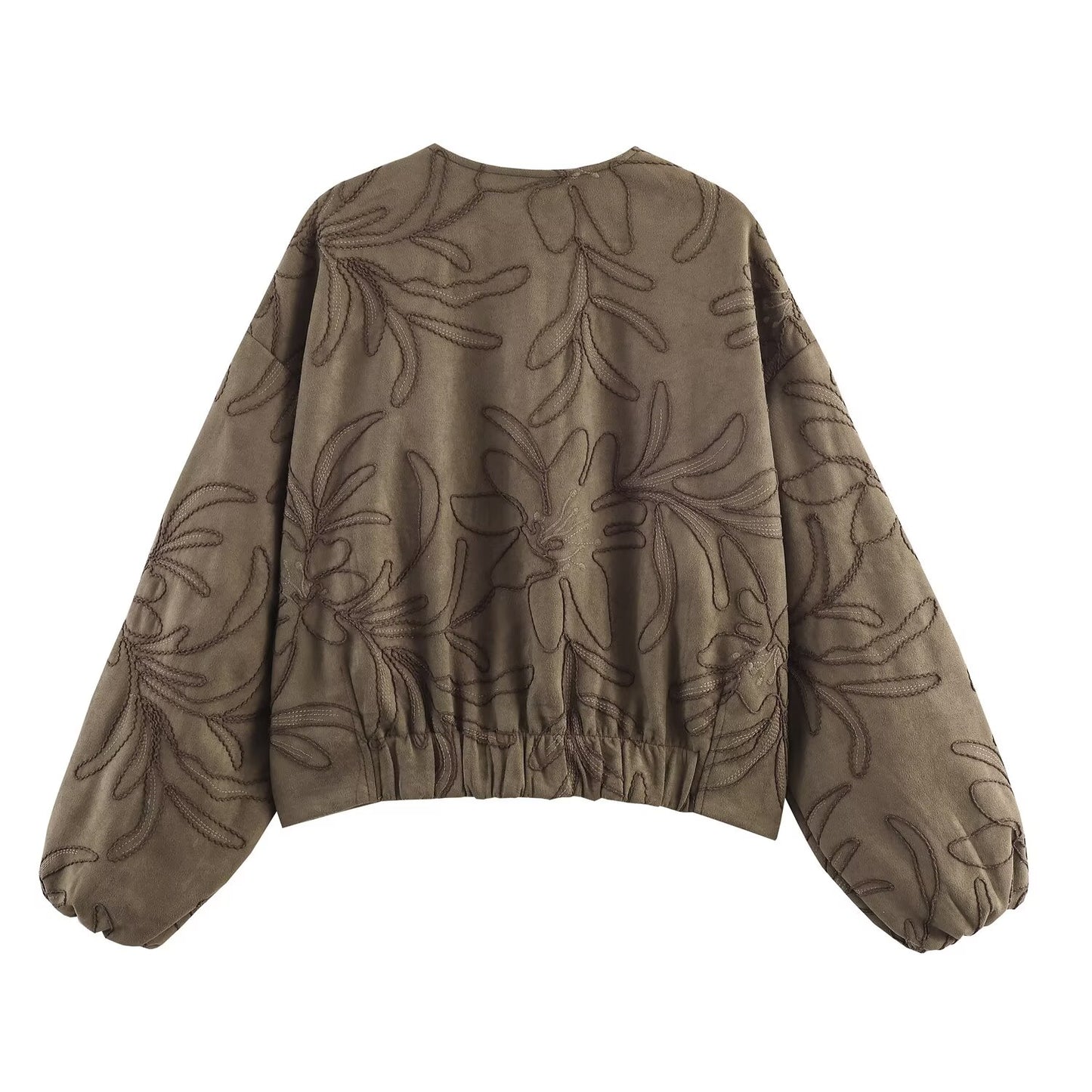 Women's embroidered suede texture O Neck pilot jacket Coat